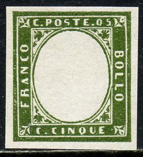 Antikke Italienske Stater - Sardinien 1855 - IV-udgave - 5 øre uden billedbillede. Naturstempel. Bolaffi N. 10B