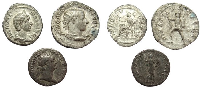 Romarriket. Lot of 3 AR coins incl.: 2 Denarii of Domitian and Julia Mamaea  Antoninianus of Gordian III  (Ingen mindstepris)