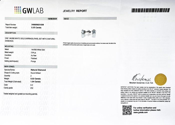 Øreringe - 14 karat Hvidguld -  1.04ct. tw. Diamant (Natur) - D-E / VS2