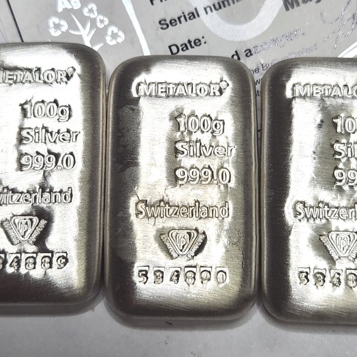 300 gram, (3 x 100 grs) - Sølv 999 - Metalor - Med certifikat