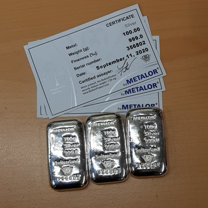 300 gram, (3 x 100 grs) - Sølv 999 - Metalor - Med certifikat