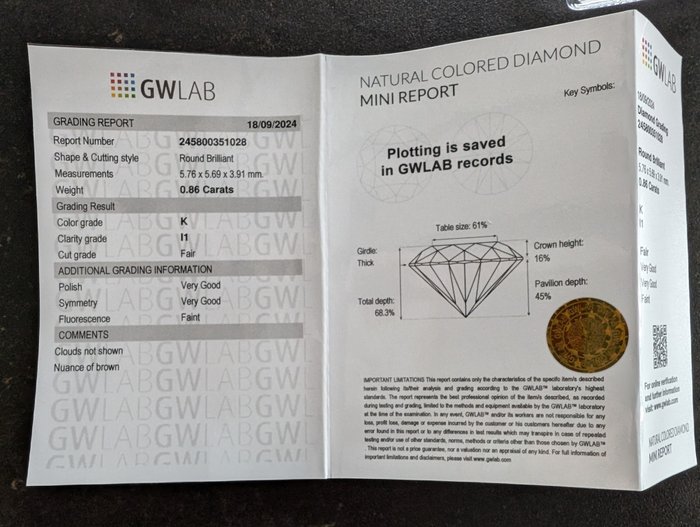 Ingen mindstepris - 1 pcs Diamant  (Natur)  - 0.86 ct - Rund - K - I1 - Gemewizard Gemological Laboratory (GWLab)