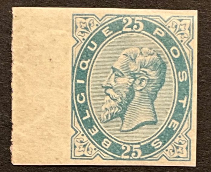 Belgien 1883/1945 - Leopold II 25c Lyseblå - REVERSE REPRODUKTION med sideliste - OBP 40