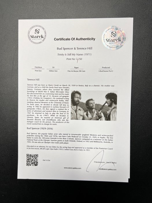 Trinity Is Still My Name (1971) - Bud Spencer  Terence Hill - Fine Art Photography - Luxury Wooden Framed 70X50 cm - Limited Edition Nr 13 of 50 - Serial ID 15754 - Original Certificate (COA) Hologram Logo Editor and QR Code - 100% New items