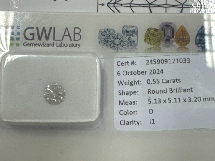 Ingen mindstepris - 5 pcs Diamant  (Natur)  - 0.55 ct - Rund - D (farveløs) - I1 - Gemewizard Gemological Laboratory (GWLab)