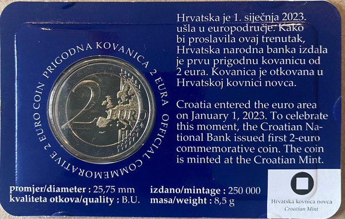 Kroatien. 2 Euro 2023 Proof+BU, Member of the Euro Area  (Ingen mindstepris)