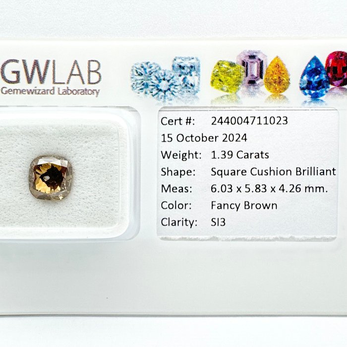 Ingen mindstepris - 1 pcs Diamant  (Naturfarvet)  - 1.39 ct - Kvadrat - Fancy Brun - SI3 - Gemewizard Gemological Laboratory (GWLab)