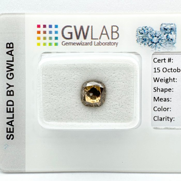 Ingen mindstepris - 1 pcs Diamant  (Naturfarvet)  - 1.39 ct - Kvadrat - Fancy Brun - SI3 - Gemewizard Gemological Laboratory (GWLab)