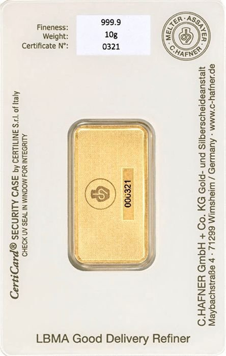 10 gram - Guld 999 - C. Hafner, Germany - Forseglet  Med certifikat