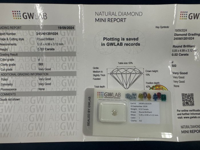 Ingen mindstepris - 1 pcs Diamant  (Natur)  - 0.52 ct - Rund - J - SI2 - Gemewizard Gemological Laboratory (GWLab)