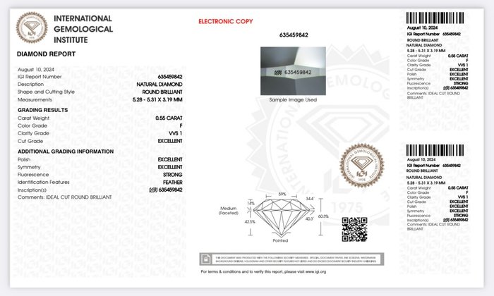 Ingen mindstepris - 1 pcs Diamant  (Natur)  - 0.55 ct - Rund - F - VVS1 - International Gemological Institute (IGI) - *EX EX EX*