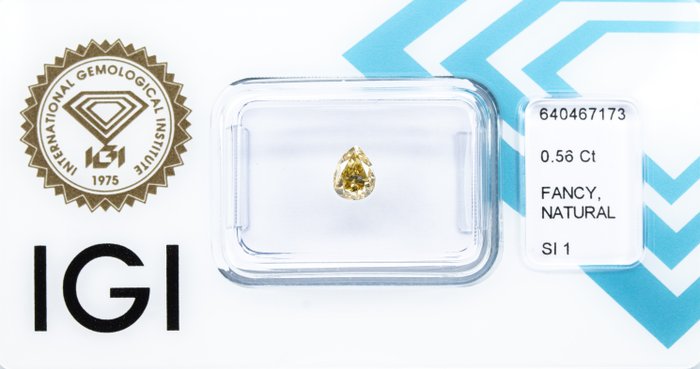 Ingen mindstepris - 1 pcs Diamant  (Naturfarvet)  - 0.56 ct - Pære - Fancy intense Brunlig Gul - SI1 - International Gemological Institute (IGI)