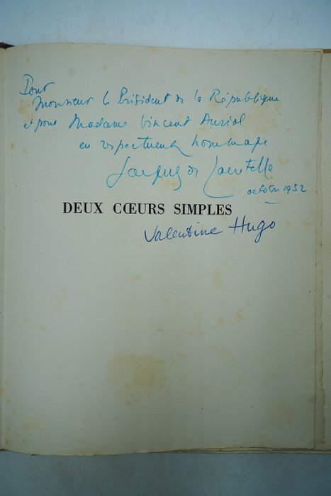 Jacques De Lacretelle / Valentine Hugo - Deux cœurs simples [envoi de l'auteur au Président Vincent Auriol] - 1947