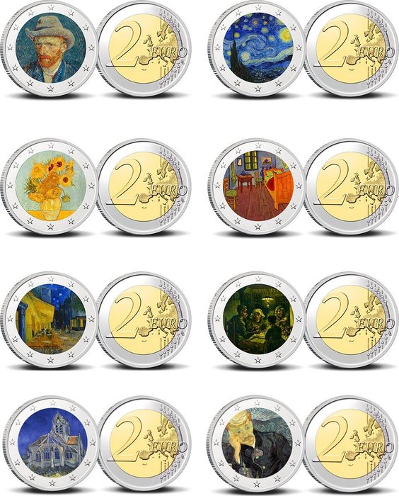 Holland. 2 Euro Various Years "Vincent Van Gogh" (8 stuks met kleur)  (Ingen mindstepris)