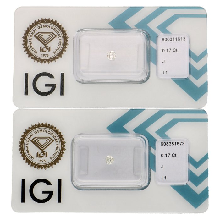 Ingen mindstepris - 2 pcs Diamant  (Natur)  - 034 ct - Rund - J - I1 - International Gemological Institute (IGI)