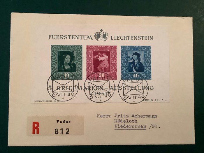 Liechtenstein 1949 - Blok 5 med FDC af 6/8/1949 på et aktuelt brev - Michel blok 5