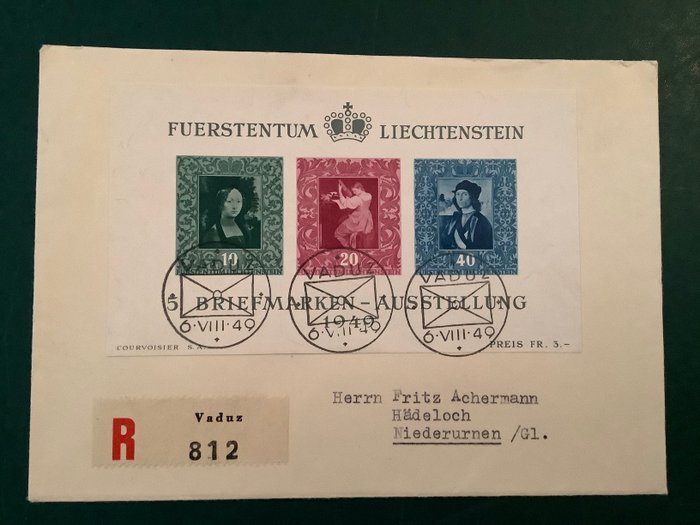 Liechtenstein 1949 - Blok 5 med FDC af 6/8/1949 på et aktuelt brev - Michel blok 5