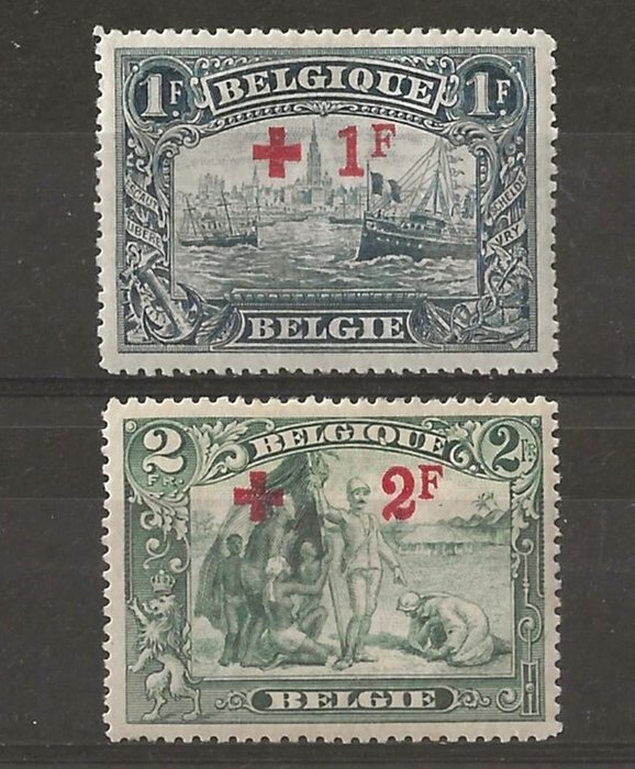 Belgien 1918 - Røde Kors 1F+1F Mørkegråblå og 2F+2F Grøn - centreret - OBP/COB 160/61