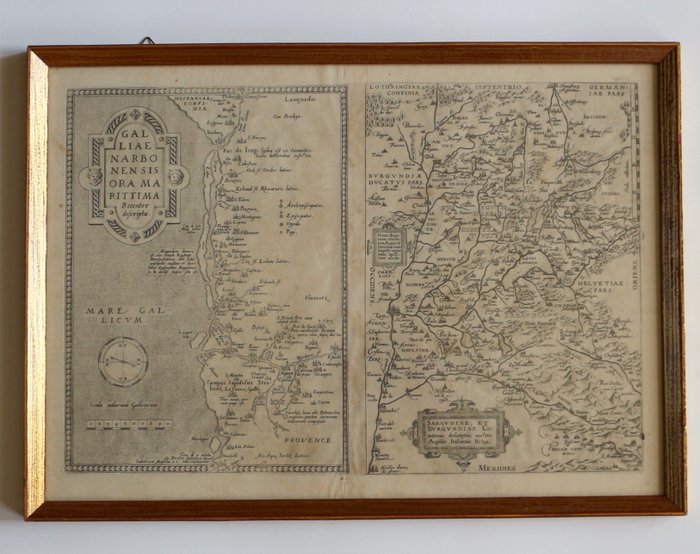 Frankrig - Gulf of Lion  Savoy, Sydøstlige Frankrig; Abraham Ortelius (1527—1598), Antwerpen - Galliae Narbonensis ora maritima recenter descripta / Sabaudiae, et Burgundiae comitatus descriptio - 1561-1580