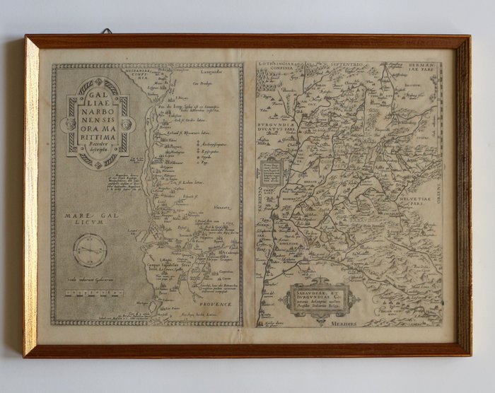 Frankrig - Gulf of Lion  Savoy, Sydøstlige Frankrig; Abraham Ortelius (1527—1598), Antwerpen - Galliae Narbonensis ora maritima recenter descripta / Sabaudiae, et Burgundiae comitatus descriptio - 1561-1580