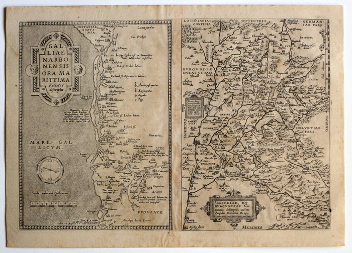 Frankrig - Gulf of Lion  Savoy, Sydøstlige Frankrig; Abraham Ortelius (1527—1598), Antwerpen - Galliae Narbonensis ora maritima recenter descripta / Sabaudiae, et Burgundiae comitatus descriptio - 1561-1580