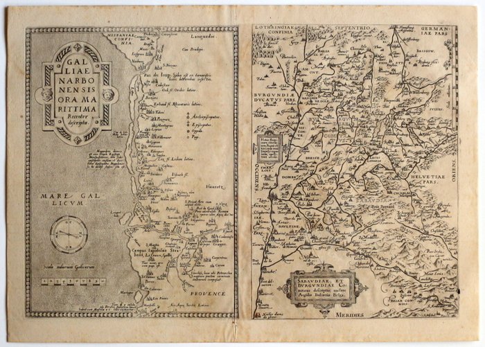 Frankrig - Gulf of Lion  Savoy, Sydøstlige Frankrig; Abraham Ortelius (1527—1598), Antwerpen - Galliae Narbonensis ora maritima recenter descripta / Sabaudiae, et Burgundiae comitatus descriptio - 1561-1580