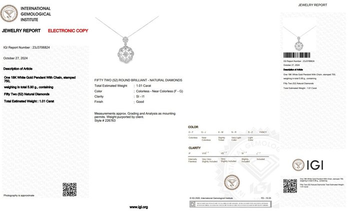 Halskæde - 18 kraat Hvidguld -  1.01ct. tw. Diamant (Natur)