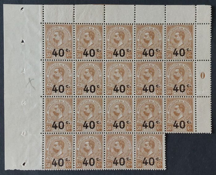 Monaco 1919 - 40 spsk. s. 30 spsk. bistre, panel af 19, nye frimærker** - Yvert Taxe 12