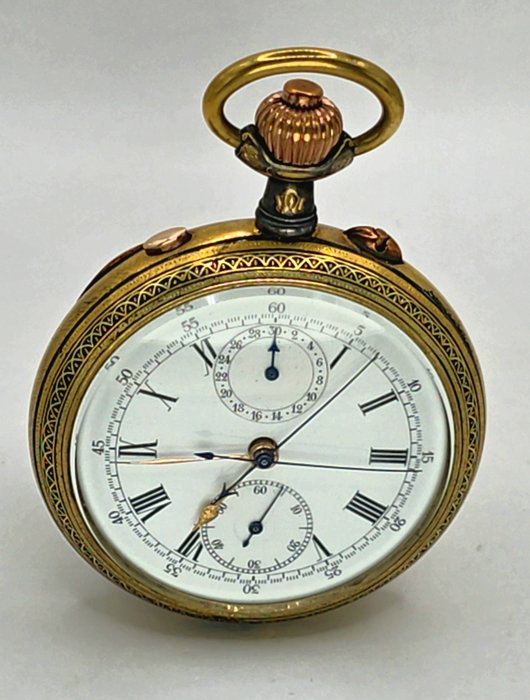 Schweiz - Prunklepine Taschenuhr mit Drachen  - Rattrapante Chronograph - Goldveredlung - Schweiz omkring 1870