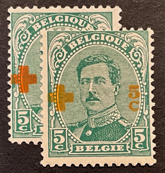 Belgien 1918 - Albert I Røde Kors 5c - Curiosity "Gul-orange print i stedet for rødt print" - OBP 152-Cu