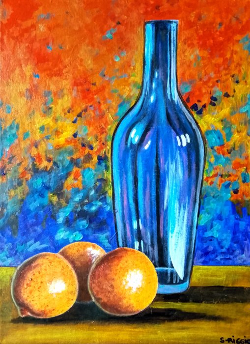 Sabrina RIGGIO - Nature morte oranges et bouteille bleue