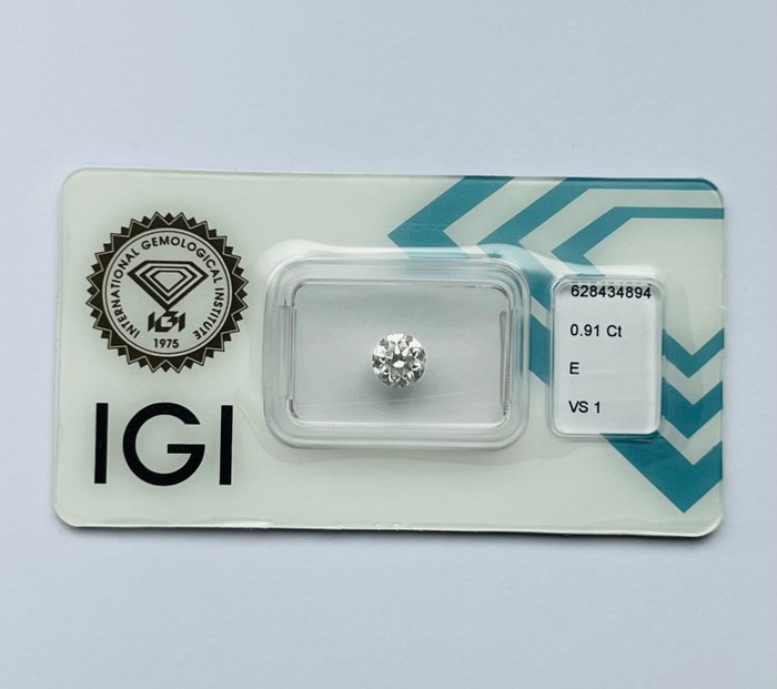 1 pcs Diamant  (Natur)  - 0.91 ct - Rund - E - VS1 - International Gemological Institute (IGI)