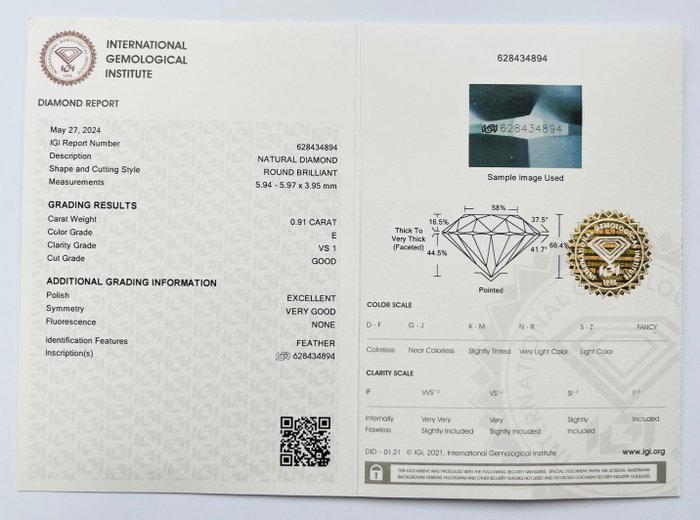 1 pcs Diamant  (Natur)  - 0.91 ct - Rund - E - VS1 - International Gemological Institute (IGI)