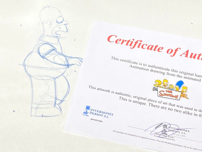 The Simpsons - 1 Original animationstegning af Homer Simpson, certificeret