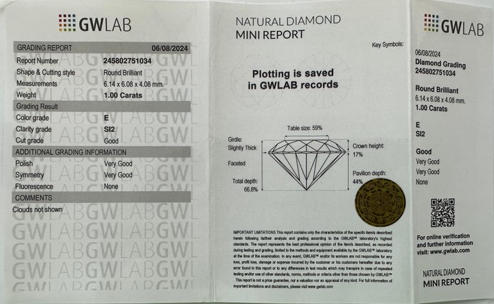 1 pcs Diamant  (Natur)  - 1.00 ct - Rund - E - SI2 - Gemewizard Gemological Laboratory (GWLab) - ( NATURLIG )