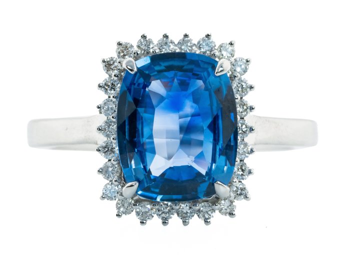 Ingen mindstepris - Ring - 18 kraat Hvidguld 'Cornflower Blue' (Ceylon) -  336ct tw Safir - Diamant - 026 ct - VS