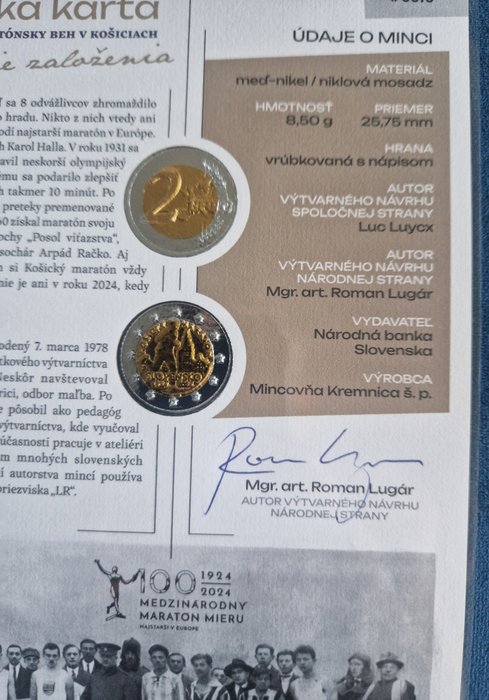 Slovakiet. 2 Euro 2024 "Košice International Marathon" signed by the author  (Ingen mindstepris)