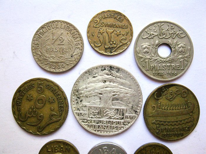 Libanon. Type Collection of 9 old coins 1924-1941  including silver 50 Piaster 1936.  (Ingen mindstepris)