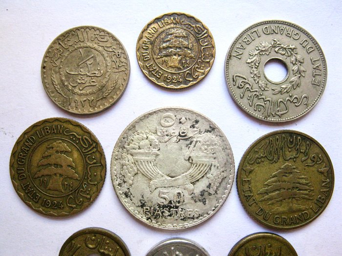 Libanon. Type Collection of 9 old coins 1924-1941  including silver 50 Piaster 1936.  (Ingen mindstepris)