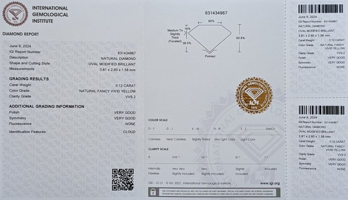 Ingen mindstepris - 1 pcs Diamant  (Naturfarvet)  - 0.12 ct - Oval - Fancy vivid Gul - VS2 - International Gemological Institute (IGI)