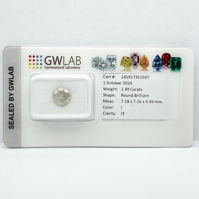 Ingen mindstepris - 1 pcs Diamant  (Natur)  - 1.49 ct - Rund - I - I3 - Gemewizard Gemological Laboratory (GWLab)