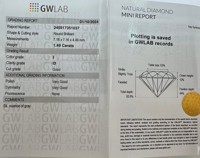 Ingen mindstepris - 1 pcs Diamant  (Natur)  - 1.49 ct - Rund - I - I3 - Gemewizard Gemological Laboratory (GWLab)