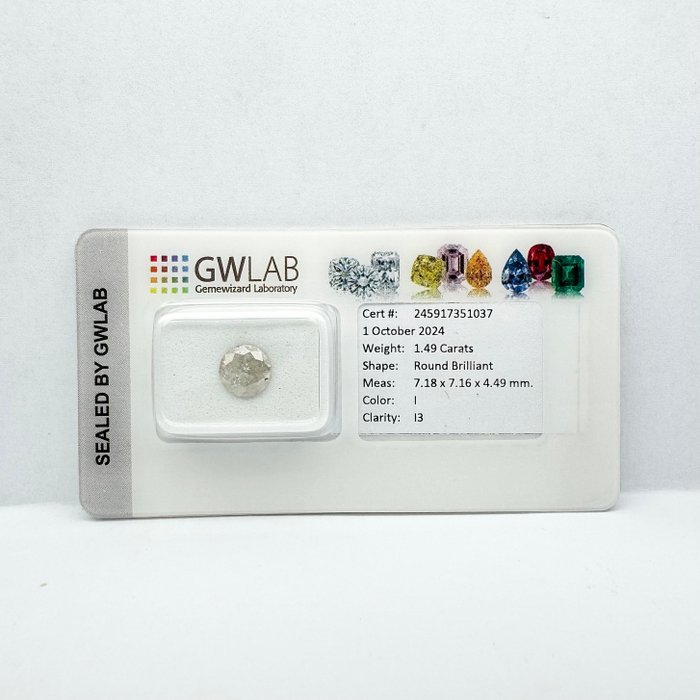 Ingen mindstepris - 1 pcs Diamant  (Natur)  - 1.49 ct - Rund - I - I3 - Gemewizard Gemological Laboratory (GWLab)