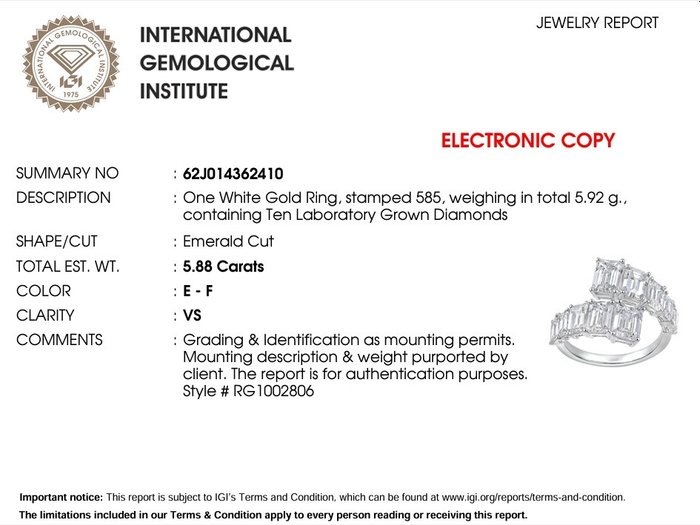 Ring - 14 karat Hvidguld -  5.88ct. tw. Diamant (Laboratoriedyrket)