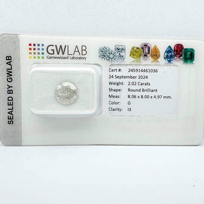 Ingen mindstepris - 1 pcs Diamant  (Natur)  - 2.02 ct - Rund - G - I3 - Gemewizard Gemological Laboratory (GWLab)