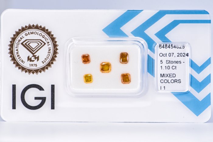 Ingen mindstepris - 5 pcs Diamant  (Naturfarvet)  - 1.10 ct - Radiant - Fancy vivid Gul Orange - I1 - International Gemological Institute (IGI)