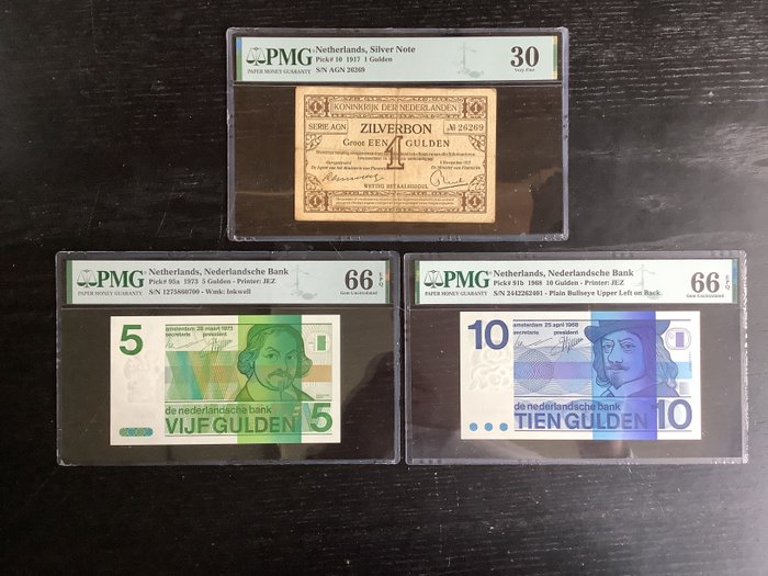 Holland. - 1, 5 and 10 Gulden - various dates - Pick 10, 91b, 95a  (Ingen mindstepris)