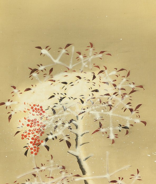 Winter Nandina and Two Sparrows - with signature and seal 'Kinshu' 錦秀 - Japan  (Ingen mindstepris)