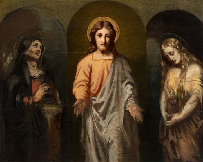 Virgilio Mattoni de la Fuente (1842-1923), Attributed to - Jesus triumphant between the Virgin and Mary Magdalene