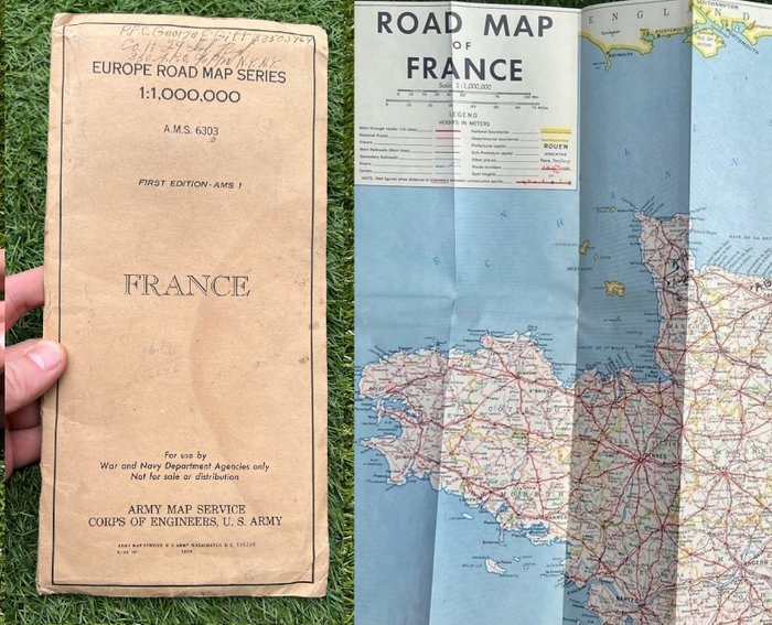 WW2 US Army Normandy / France Engineers Road Map - Frankrig; War Department - Infantry - Airborne - Normandy Beaches - Named to 29th Infantry Regiment - 1944